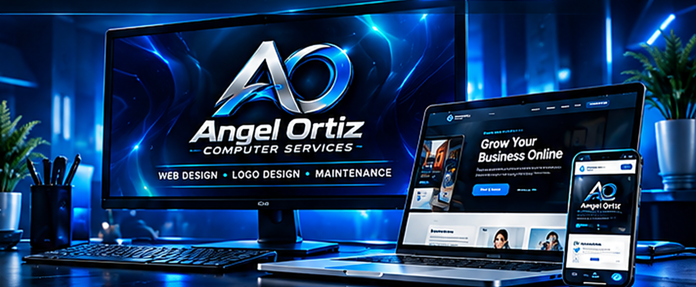 Desktop monitor and laptop showing Angel Ortiz Computer Services branding in a blue neon studio