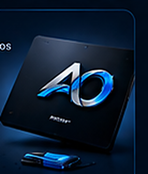 Laptop render with a metallic AO logo on screen