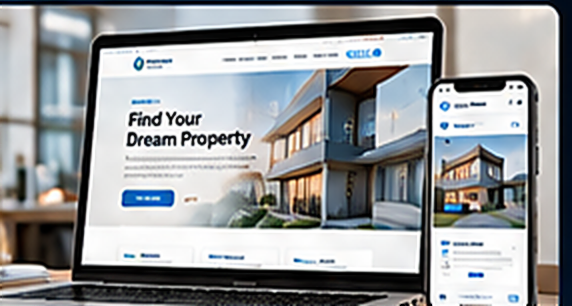 Real estate website design with property photos on laptop and phone